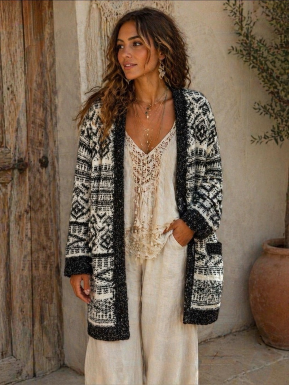Lucky Brand Black and White Patterned Cardigan